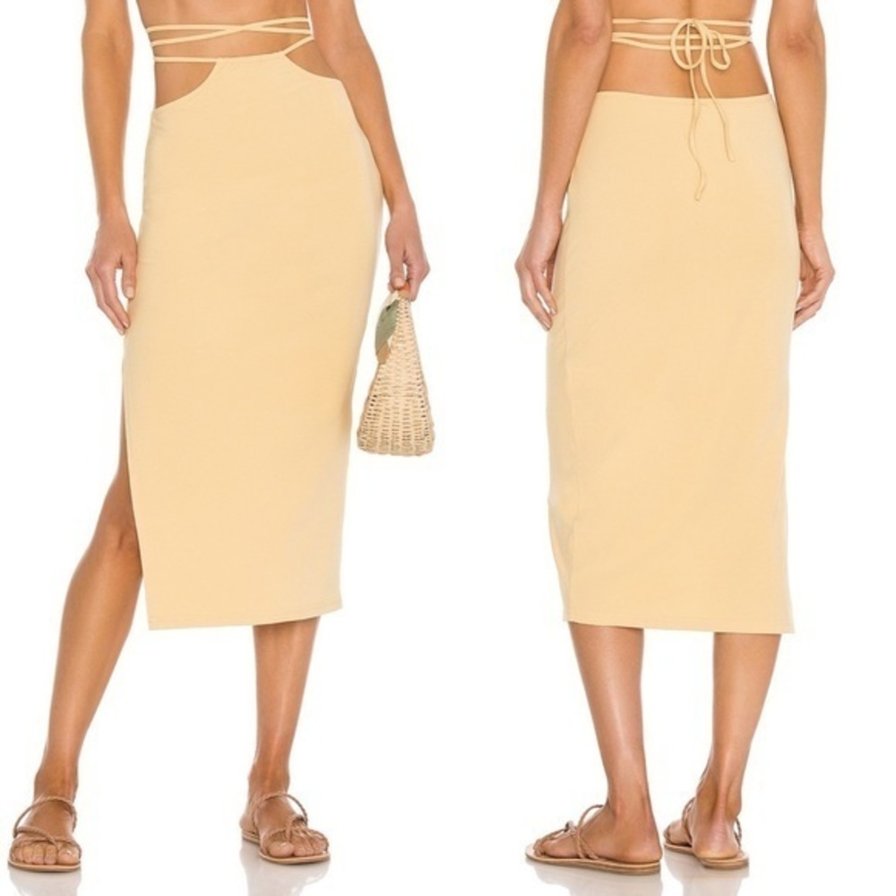 WeWoreWhat Cutout Neutral Sand Jersey Wrap around Lace Up Midi Skirt
